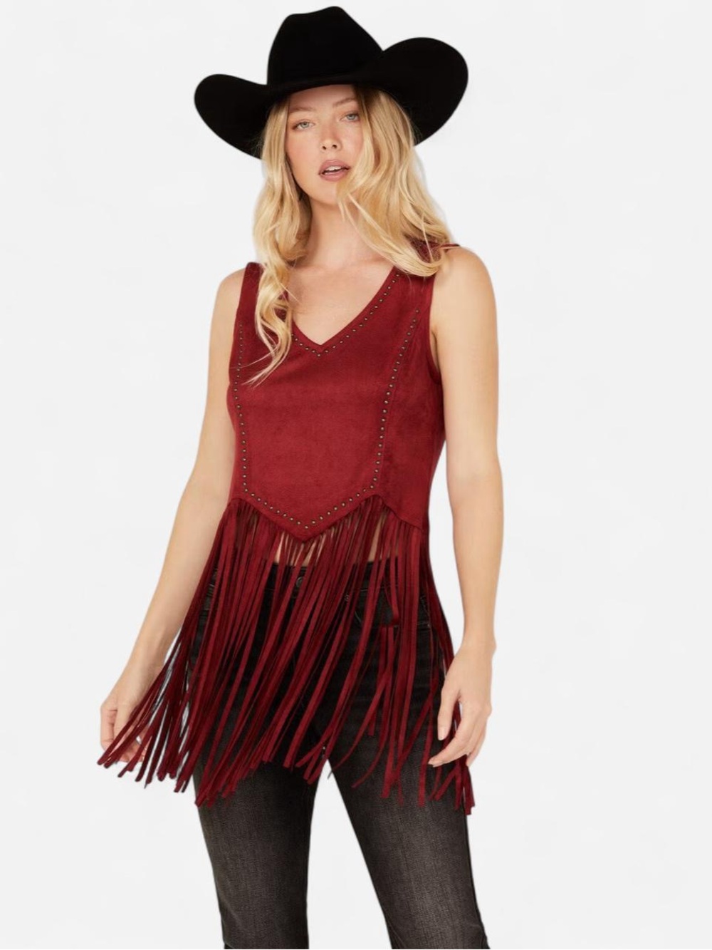 IDYLLWIND WOMEN'S MONTICELLO FRINGE FAUX SUEDE STUDDED TANK Dark Red XL